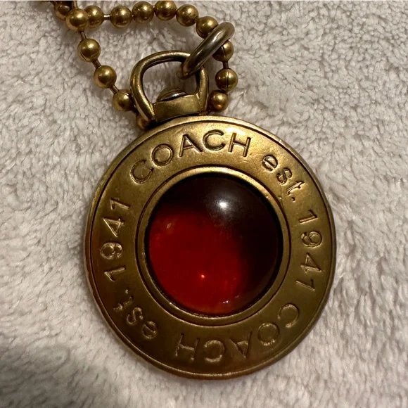 Coach Logo Pendant In Gold Tone with Amber Glass Center on Gold Tone Chain - Picture 2 of 16